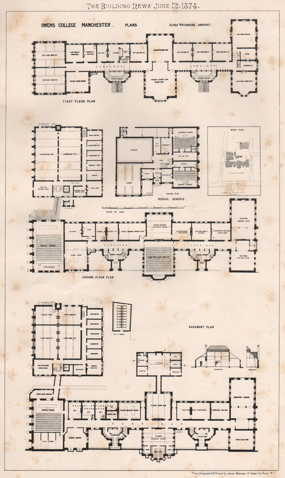 Owens College, Manchester. Plans. Alfred Waterhouse, Architect 1874 old print